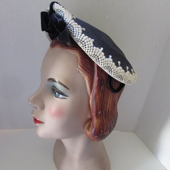 SALE Vintage Mid Century Hat Navy Weave White Trim Tear Drop Shape - Picture 8 of 13